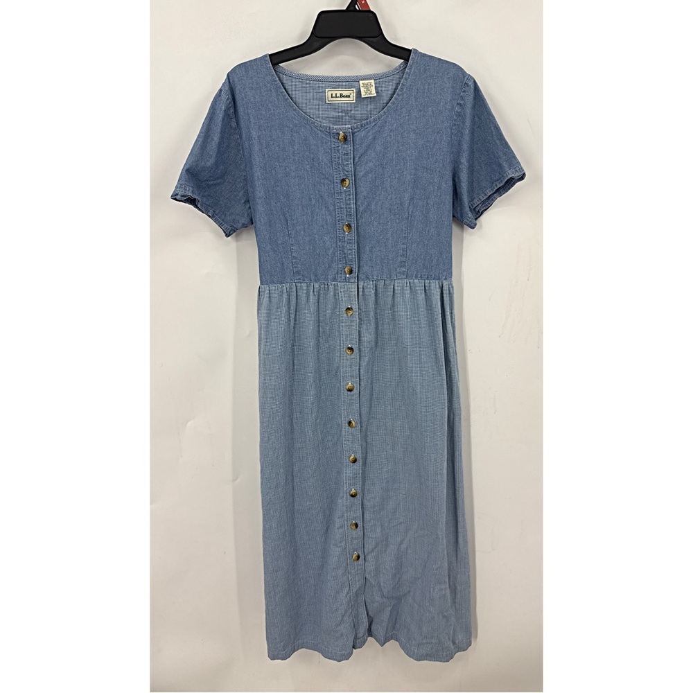 L.L. Bean vintage chambray/denim gingham check button-front granny core dress